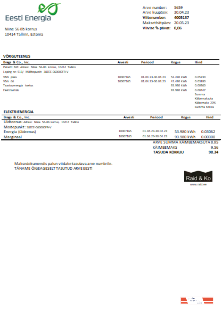 Eesti Energia electricity utility business bill SCR PSD template